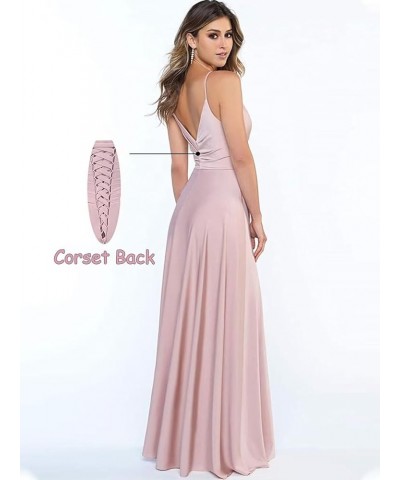 V Neck Bridesmaid Dresses Long with Slit A-line Prom Dresses for Women Satin Formal Evening Gown with Pockets Champage $31.24...