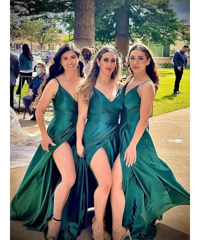 V Neck Bridesmaid Dresses Long with Slit A-line Prom Dresses for Women Satin Formal Evening Gown with Pockets Champage $31.24...