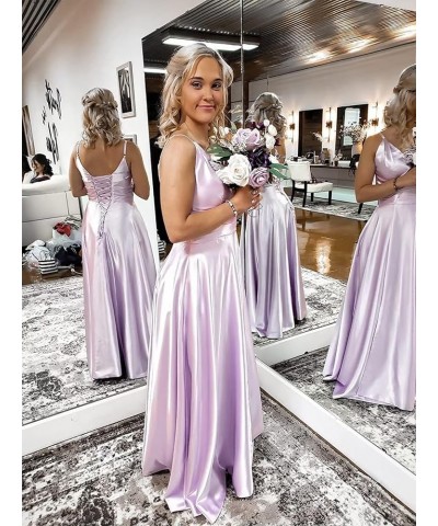 V Neck Bridesmaid Dresses Long with Slit A-line Prom Dresses for Women Satin Formal Evening Gown with Pockets Champage $31.24...