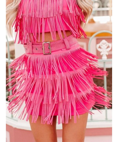 Womens Sparkle Rhinestone Fringe Skirt Elastic Waistband Short Mini Dress with Adjustable and Removable Belt Hot Pink $21.93 ...