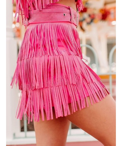 Womens Sparkle Rhinestone Fringe Skirt Elastic Waistband Short Mini Dress with Adjustable and Removable Belt Hot Pink $21.93 ...