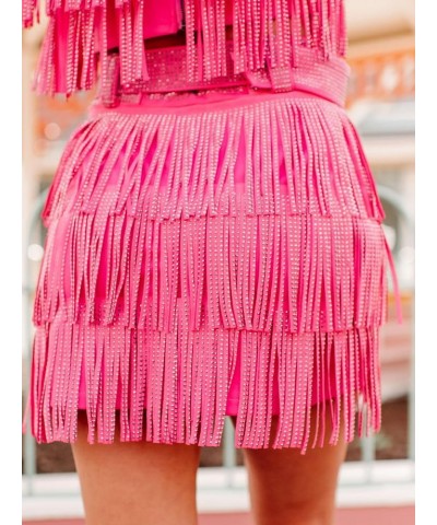 Womens Sparkle Rhinestone Fringe Skirt Elastic Waistband Short Mini Dress with Adjustable and Removable Belt Hot Pink $21.93 ...