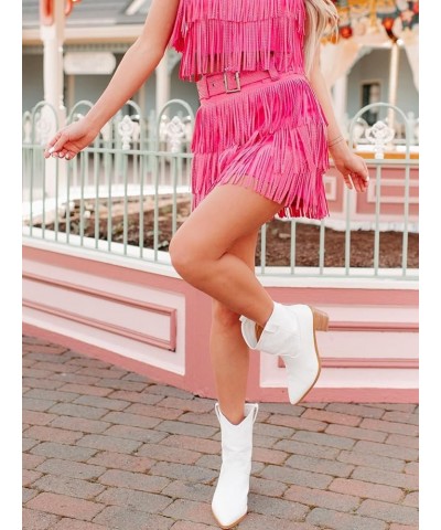 Womens Sparkle Rhinestone Fringe Skirt Elastic Waistband Short Mini Dress with Adjustable and Removable Belt Hot Pink $21.93 ...