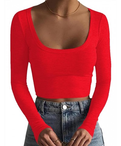 Women's Square Neck Long Sleeve Ribbed Slim Fitted Casual Long Sleeve Shirts Basic Crop Top 2024 Trendy Clothes Red $11.87 T-...