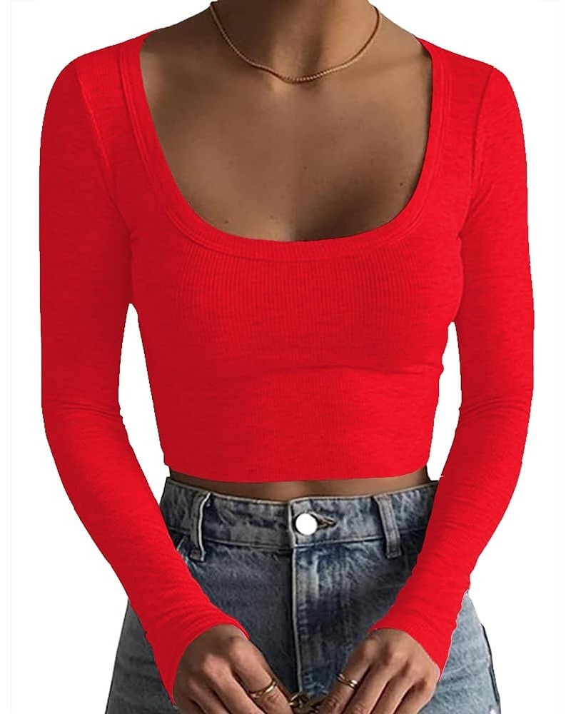 Women's Square Neck Long Sleeve Ribbed Slim Fitted Casual Long Sleeve Shirts Basic Crop Top 2024 Trendy Clothes Red $11.87 T-...