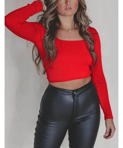 Women's Square Neck Long Sleeve Ribbed Slim Fitted Casual Long Sleeve Shirts Basic Crop Top 2024 Trendy Clothes Red $11.87 T-...