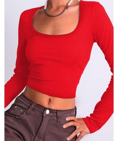 Women's Square Neck Long Sleeve Ribbed Slim Fitted Casual Long Sleeve Shirts Basic Crop Top 2024 Trendy Clothes Red $11.87 T-...