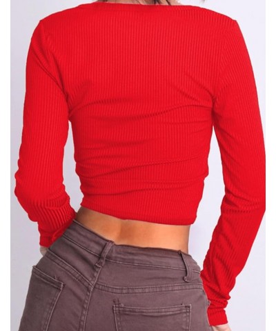 Women's Square Neck Long Sleeve Ribbed Slim Fitted Casual Long Sleeve Shirts Basic Crop Top 2024 Trendy Clothes Red $11.87 T-...