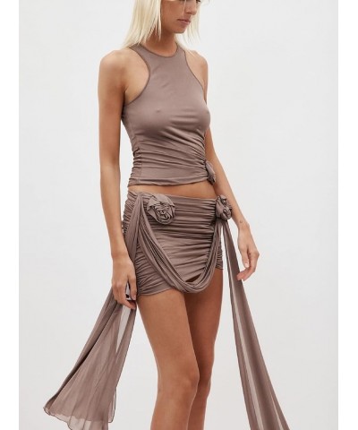 Women Ruffle 2 Piece Skirt Sets Y2k Sheer Mesh Crop Top Bodycon Mini Short Skirt Fringed Tassels Suit Sets K-brown $9.66 Suits