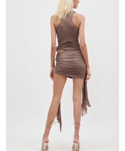 Women Ruffle 2 Piece Skirt Sets Y2k Sheer Mesh Crop Top Bodycon Mini Short Skirt Fringed Tassels Suit Sets K-brown $9.66 Suits