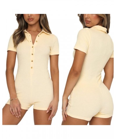 Women Short Sleeve Jumpsuit Bodycon Rompers Sexy V Neck Buttons Polo One Piece Bodysuit Knitted Overalls 5 Beige $9.00 Jumpsuits